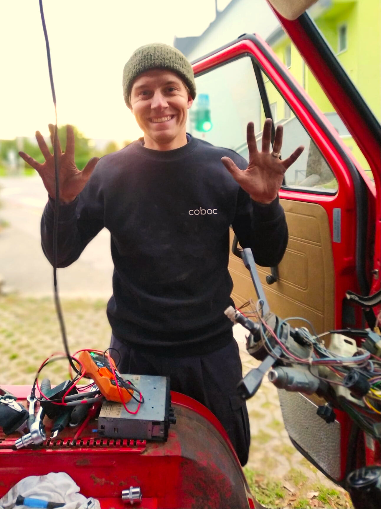 Birk working on the van