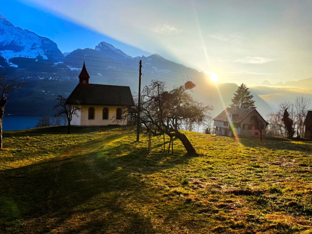 church by sunny mountains
